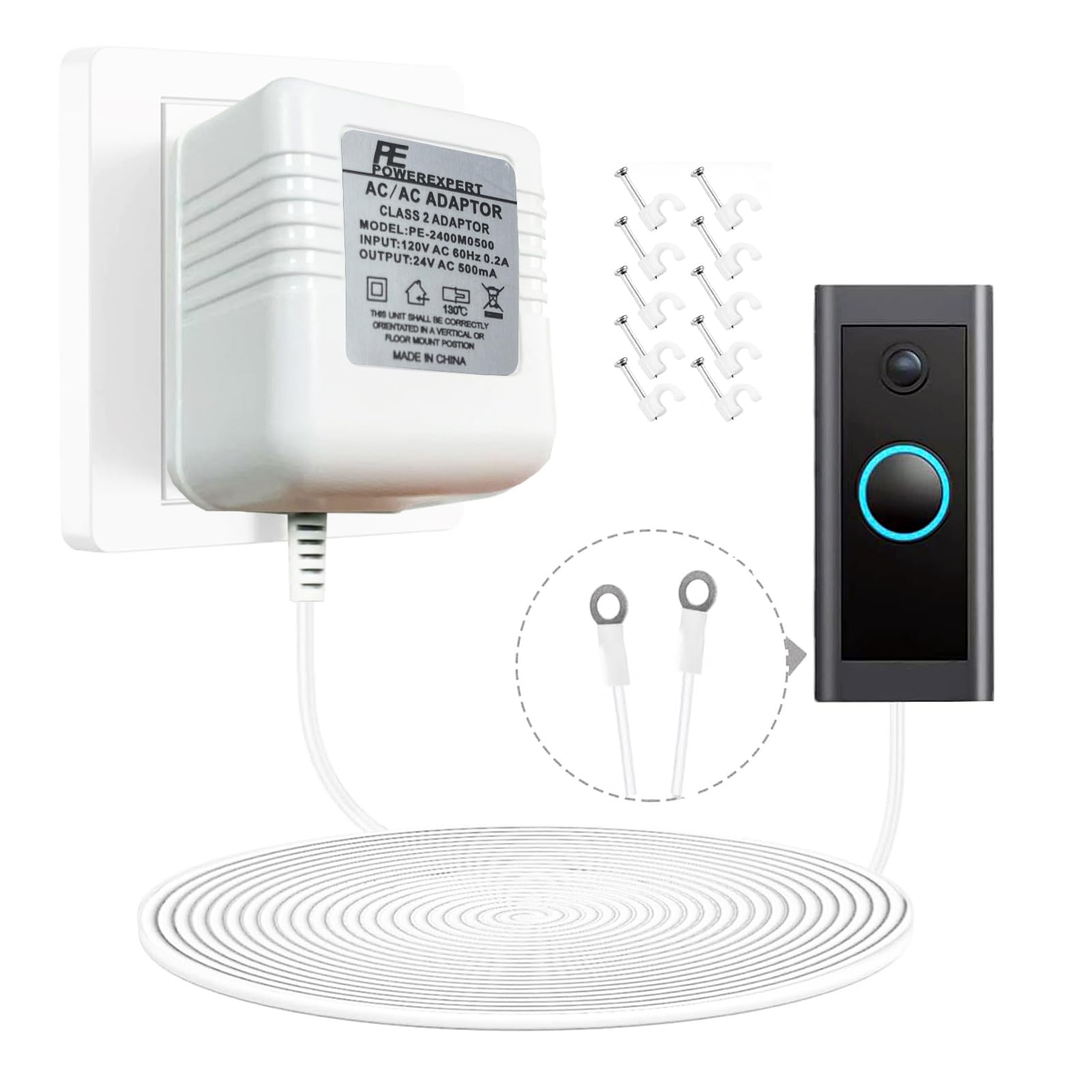 Photo 1 of 18V 500mA Doorbell Transformer, AC Power Adapter with 26FT Cable, Compatible with Ring Video Doorbell Ring Doorbell Pro/2 Nest Hello Eufy Wyze Arlo Wired Doorbells and Thermostats (White)