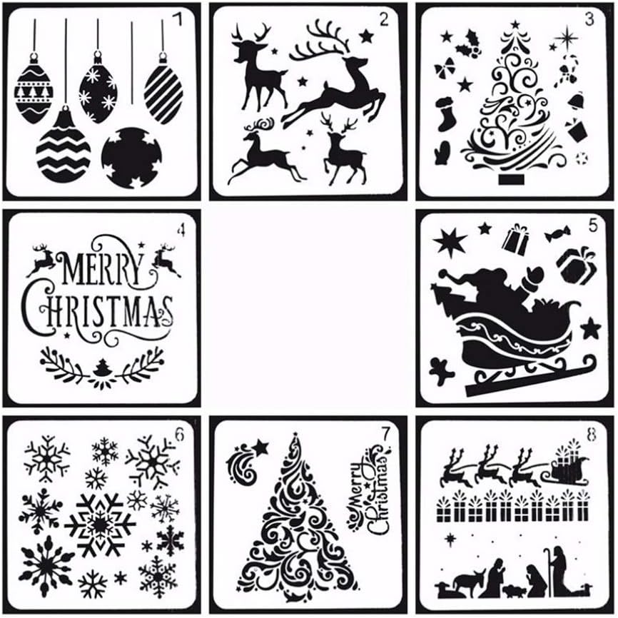 HEALLILY Christmas Stencils Templates 8 Pack Merry Chrismas, Snowflakes, Balls