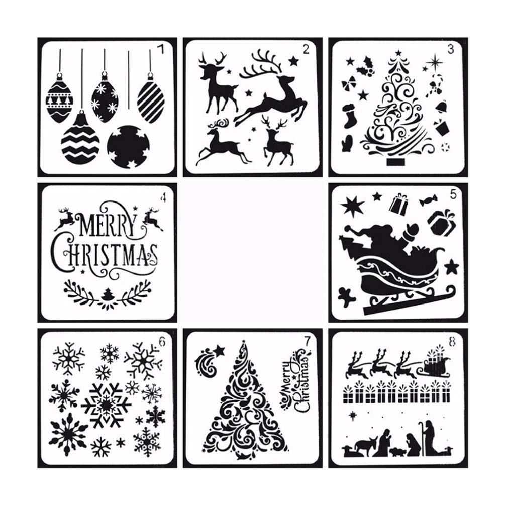 HEALLILY Christmas Stencils Templates 8 Pack Merry Chrismas, Snowflakes, Balls, Trees for Painting on Wood Glass Door Car Body Journaling Scrapbook Xmas Snowflake Stencils DIY Craft Decoration