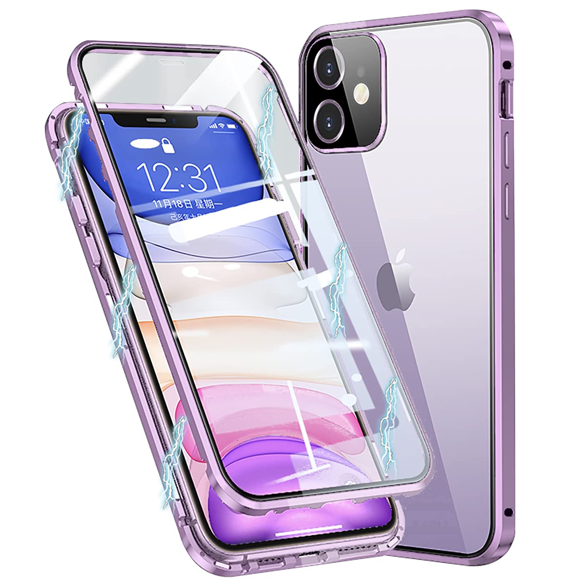 MOSSTAR Case for iPhone 12 Mini Magnetic Cover 360 Degree Full Body Protective [with Camera Lens Protection] Metal Bumper Front and Back Transparent Tempered Glass Thin Case, Purple