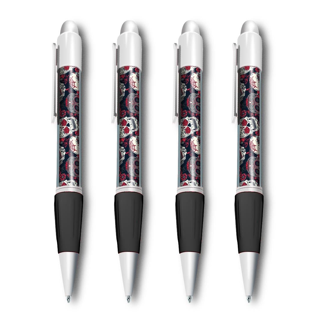 Set of 4 White Ballpoint Pens (Photo Insert) - Sugar Skulls Day of the Dead - Soft Feel Finger Grip #170015