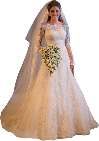 boat neck lace wedding dress