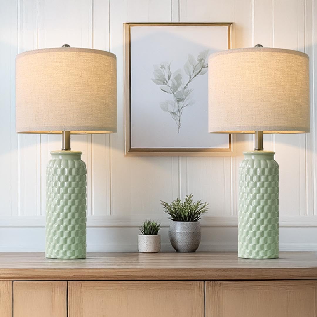 USumkky 24" Modern Ceramic Green Bedside Lamp Set of 2 Table Lamp for Bedroom Decor Farmhouse Table Lamp for Living Room Office Dorm Image