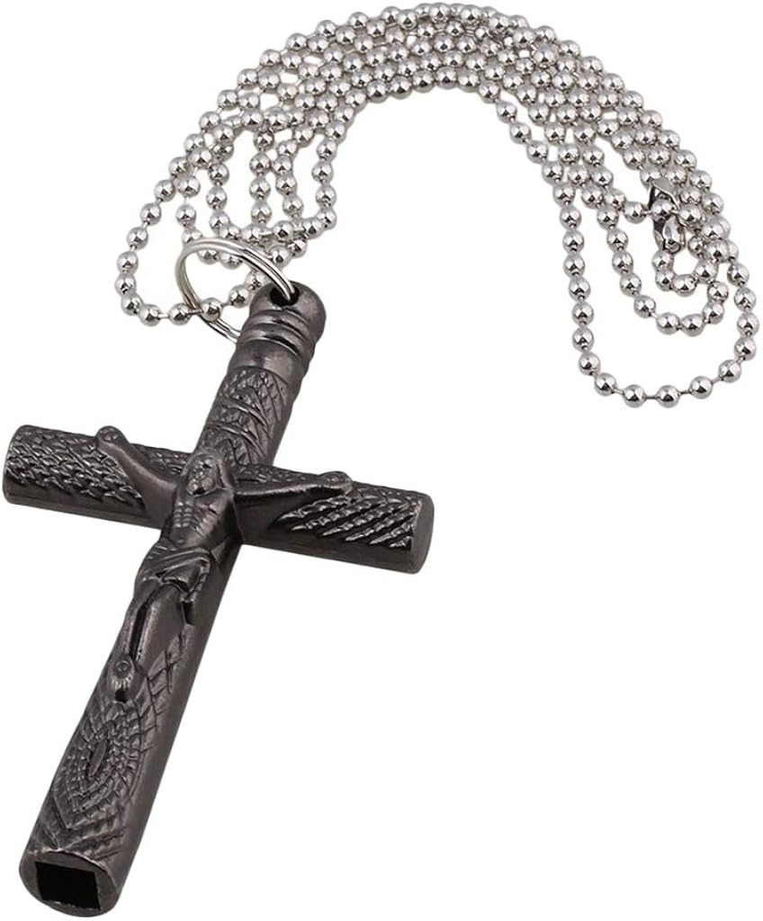 N/A. 6mm Black Silver Fashion Realistic Jesus Cross Drum Key with Chain
