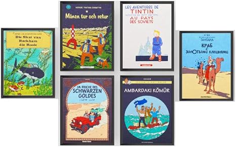 Amazon Com The Adventures Of Tintin And Dog Cartoon Wall Art Movie Vintage Posters And Prints Kids Room Canvas Paintings Home Bar Art Decor 30x40cmx6 Unframed Posters Prints