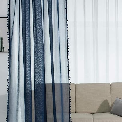 Amazon Com Homework Linen Look Pom Pom Tasseled Sheer Curtains