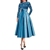 Sparkly Sequin Wedding Gown Long Sleeve Tea Length A Line Formal Dress Mother of The Bride Dresses for Women