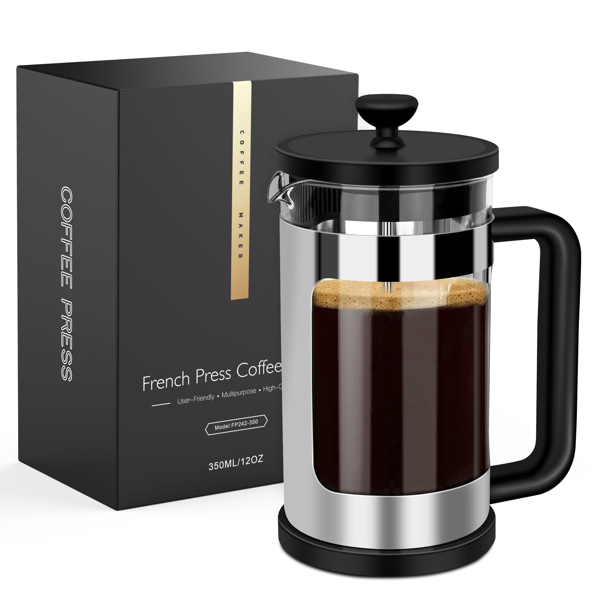 RAINBEAN 2 Cups Cafetiere Coffee Press, French Press Coffee Maker, Small Cafetiere with 3 Level Stainless Steel Filter, Heat Resistant Borosilicate Glass, Coffee Brewer Tea Press,0.35 L / 12 oz