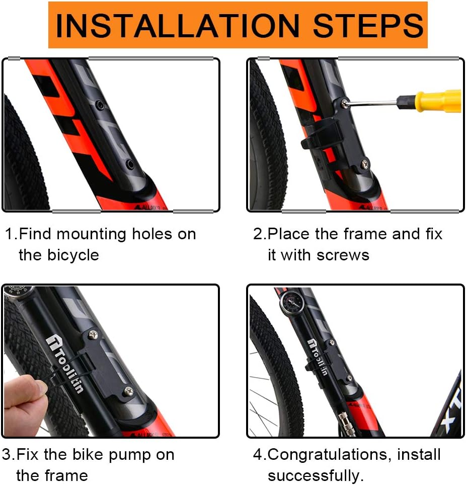 TOOLITIN Mini Bike Pump with Gauge, Accurate Inflation Portable Frame Bicycle Pump Compatible with Presta & Schrader Valve, Activated for Road, Mountain and BMX Bikes, High Pressure 100 PSI (Black) : Sports & Outdoors