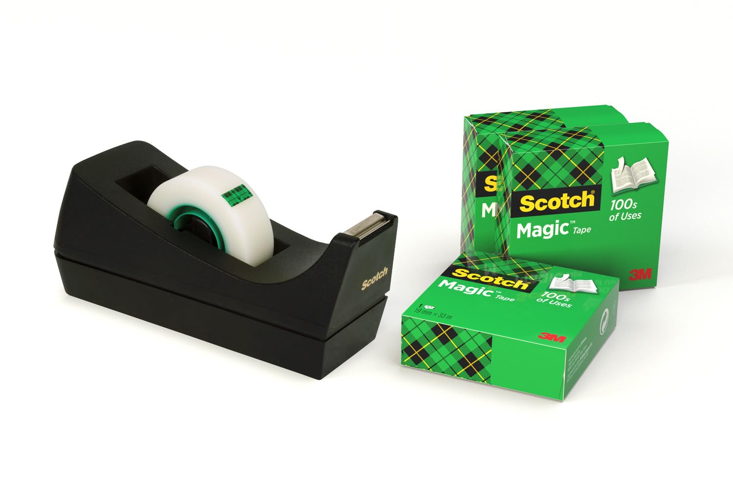 Scotch Desktop Tape Dispenser C38, Black + Scotch MagicTape, 19 mm x 33 m, 3 Rolls -Ideal for School, Home and Office
