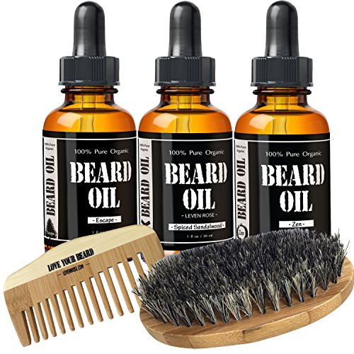Starter Beard Kit by Leven Rose - Three Scented Beard Oils, Boar Bristle Beard Brush, Spiced Sandalwood Beard Oil, Escape Cedarwood Beard Oil, Zen Juniper Beard Oil and Beard Comb
