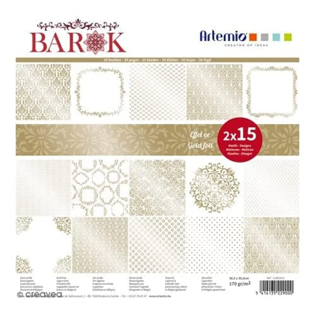 Artemio 30 Sheets of Scrapbooking Paper 30 x 30 cm "Barok Foil Gold"