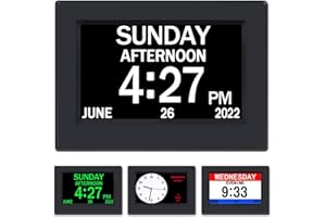 AINFTIME DST Clock with Day and Date for Elderly-3 Display Digital Calendar Alarm Day Dementia Alzheimers Clock with Extra Large Display (7in Black)