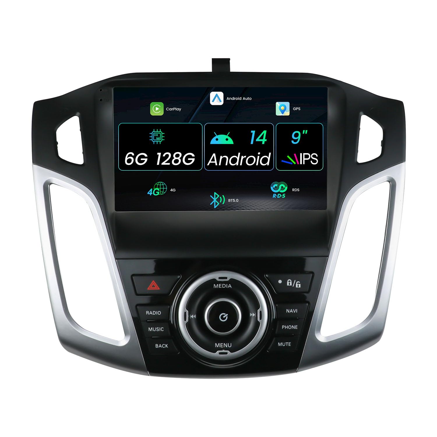 Android 14 Double Din Car Stereo for Ford Focus 2012-2018 | Head Unit 6G+128G | Free Camera+Mic | Support Carplay DSP Bluetooth GPS Sat Nav Mirror Link DAB RDS WIFI SWC