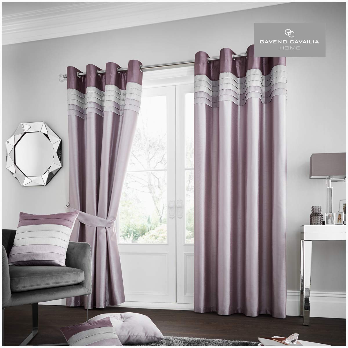 Gaveno Cavailia La Moda Eyelet Curtains Heather, 100% Polyester Luxury Ring Top Drapery with Matching Tie Backs, Two 90"x90" Glamorous Panels, Easy Care Window Treatment