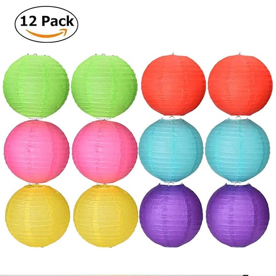 Qtiwe Papier Laterne Lampions Rund 12er Set Papierlampen Lampenschirm für Geburtstag Hochzeit Feier Party Deko Mehrfarbig 8' 