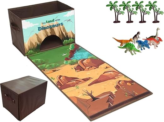 Caja plegable para guardar juguetes con pista de carreras y 6 x dinosaurios y 4 x