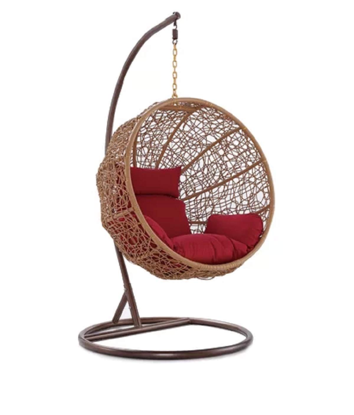 Carry Bird Big Boss Wicker Rattan Wrought Iron Single Seater Swing Chair With Stand For Adults | Garden & Outdoor Hammock Swing With Cushions For Kids | Teardrop Swing Hanging Chair with Curve Iron Stand | Jhula | Round Shape | Balcony/Patio/Indoor/Backyard/Porch/Yard/Outdoor Furniture | Honey Swing-Red Cushion
