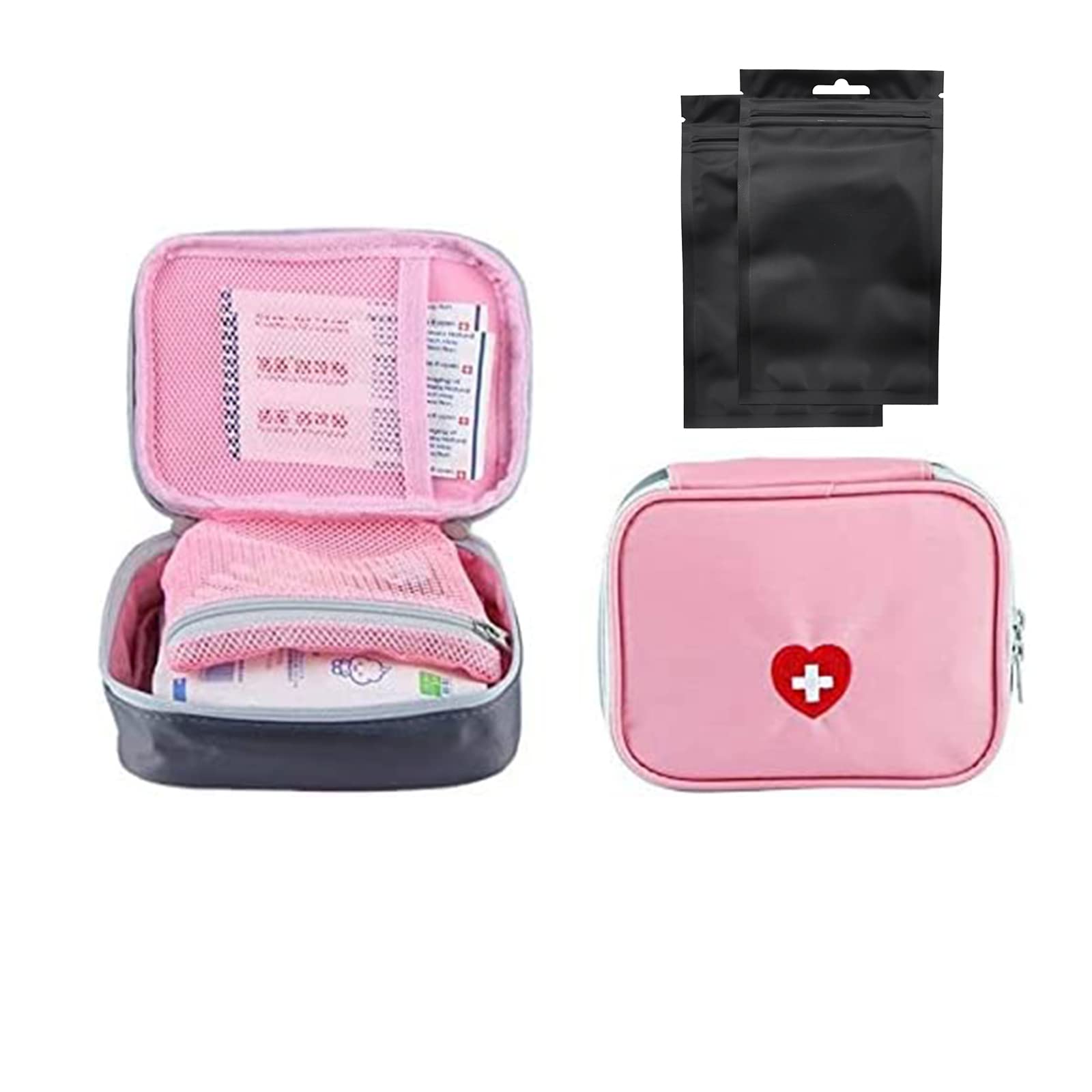 SwirlColor Mini First Aid Pouch Portable Pill Organiser Easy Carry Empty Medicine Container with Multi-Pocket for Travel 5.1 * 3.9 * 1.57inch Pink