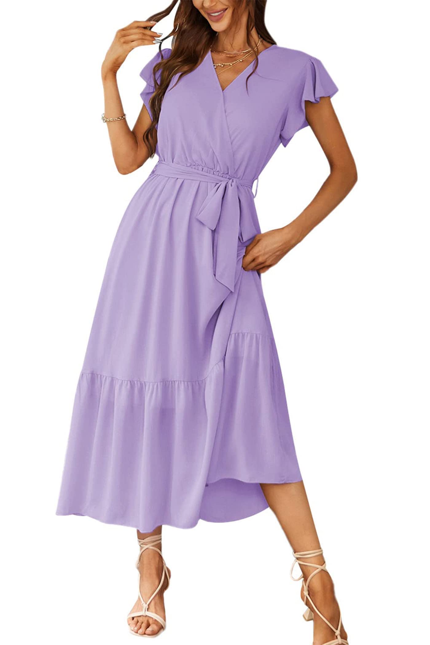 Photo 1 of PRETTYGARDEN Women's Summer Floral Boho Dress Wrap V Neck Short Sleeve Ruffle A-Line Flowy Maxi Wedding Guest Dresses (Solid Purple,X-Large)