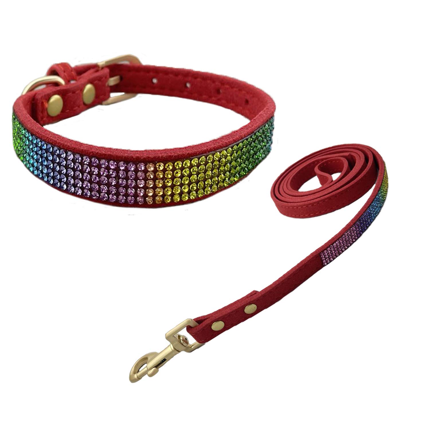 Newtensina Colorful Diamante Dog Collar and Leash Rainbow Colored Puppy Collar with Leashes for Small Dogs - Red - M