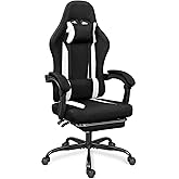 ErgoDesign Breathable Fabric Gaming Chair with Footrest, Height Adjustable Game Chair, Video Gaming Chair for Gaming Room, Living Room and Office - Black/White