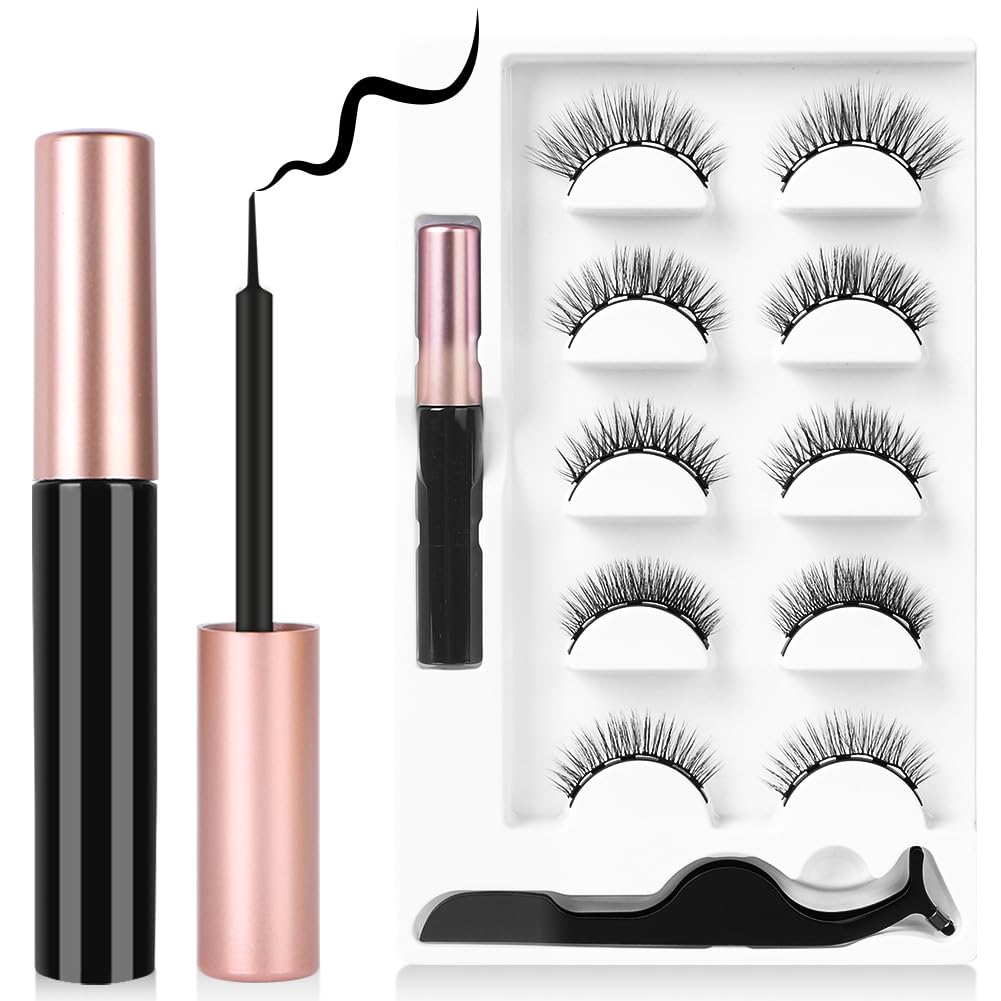 Magnetic False Eyelash 5 Pairs Reusable Thick, Faux Mink Fake Eyelashes, Natural Look 3D Curly Lashes Kit