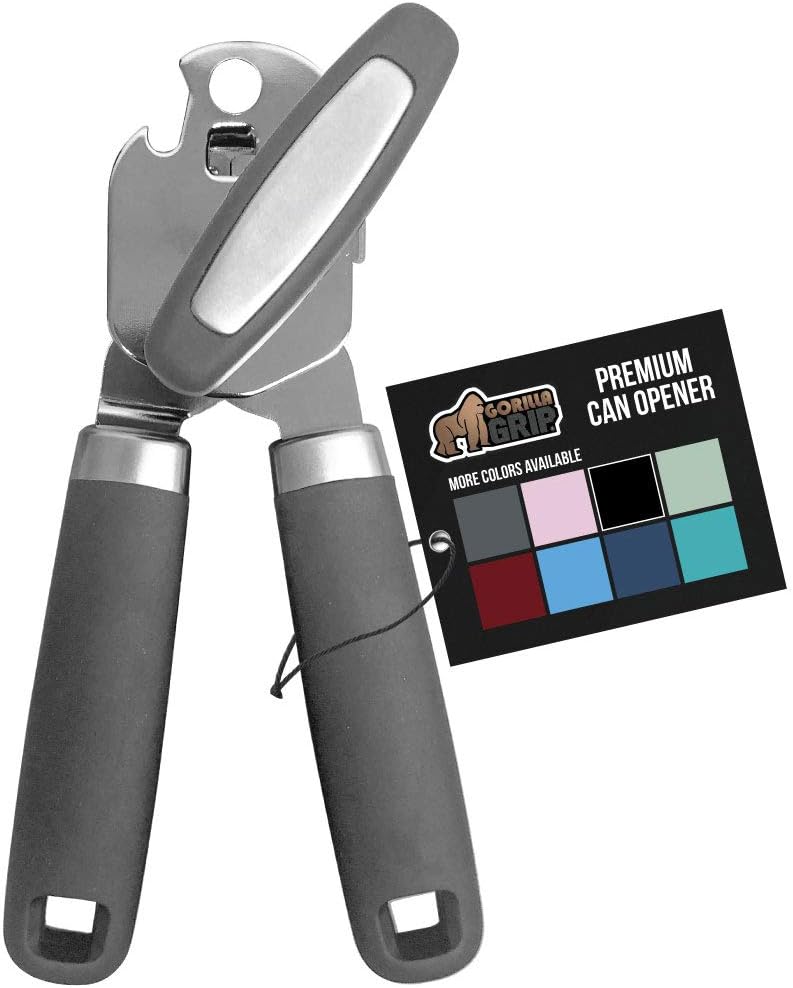 Gorilla Grip Manual Can Opener, Handheld Comfortable Grip, Oversized Easy Turn Knob, Built in Bottle Opener, Hangs for Convenient Kitchen Storage, Blades Easily Open Tin Cans for Smooth Edge, Gray: Kitchen & Dining
