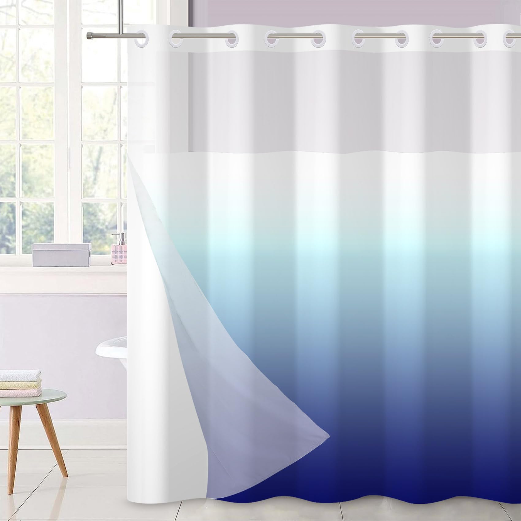 Ttincceer No Hook Shower Curtain Blue Bathroom Curtain Ombre Paled to Blue Modern Double Layer Shower Curtain with Snap in Liner Waterproof Bathtub Curtain 180x188cm — image 1