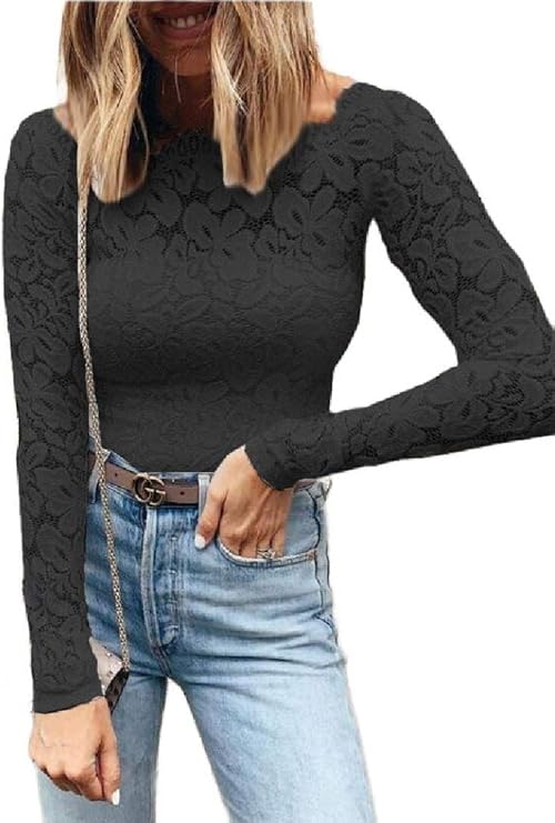 Amazon.com: Women's Boat Neck Floral Lace Long Sleeve Slim Fit Blouse Tee Shirt Top Black: Clothing