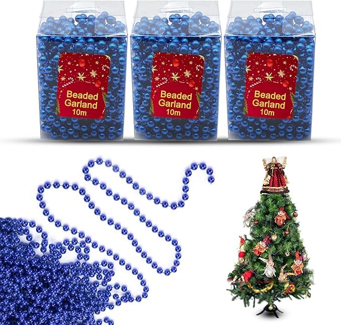 3x Blue 10M Christmas Bead Chains, Luxury Plastic Garland for Xmas Tree Hanging Ornaments, Shiny Shatterproof Bead Garland, Party Decoration, Classic Festive Décor