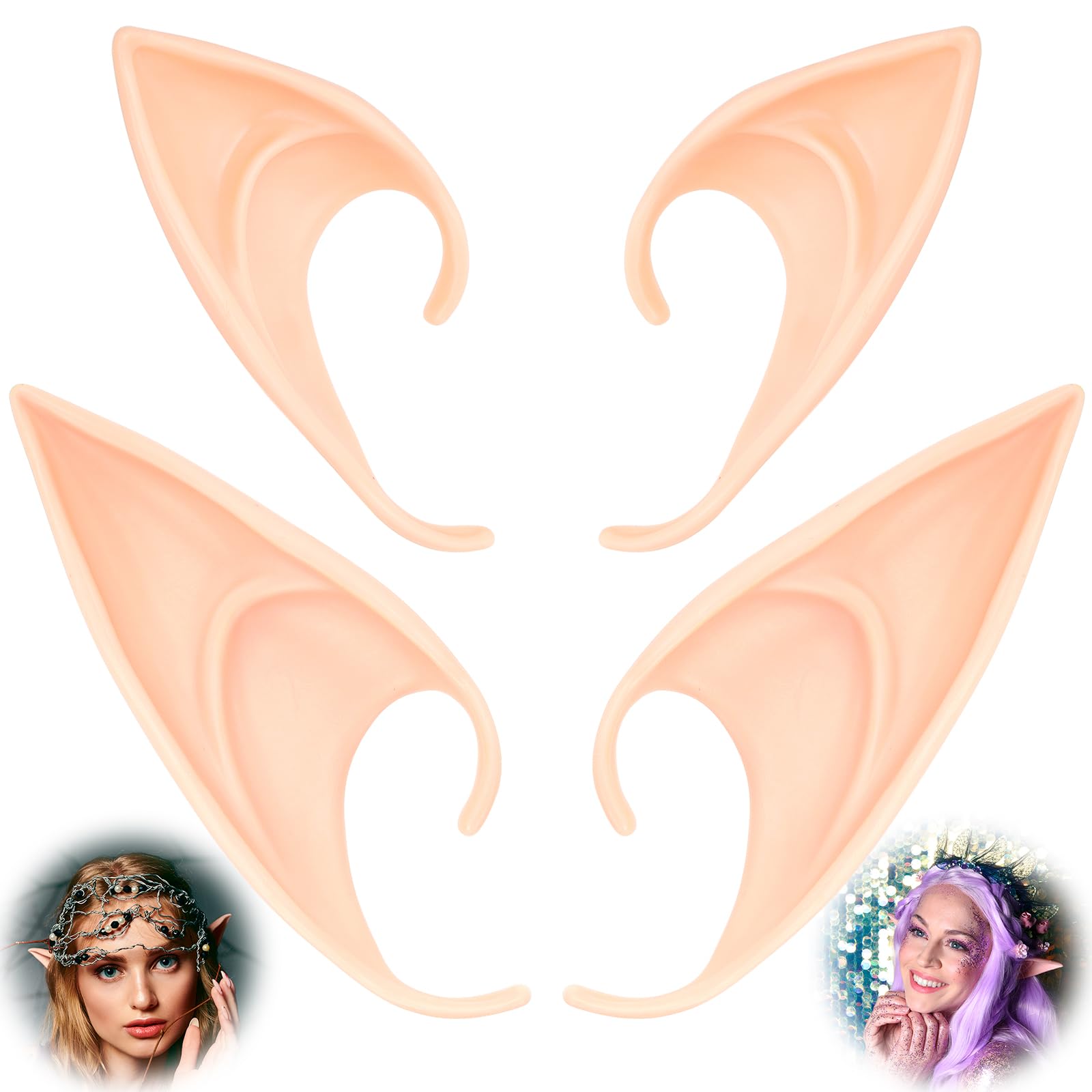 Photo 1 of 2 Pairs Fairy Pixie Elf Ears, Soft Pointed Latex Elf Ears, Dress Up Costume Accessories for Halloween Christmas Party Cosplay Masquerade Accessories (Two Size)