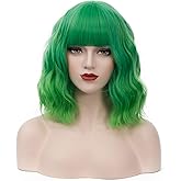 BUFASHION 14" Women Short Wavy Curly Wig Ombre Green Bob Wig Cosplay Halloween Synthetic Wigs with Side Bang wig(Ombre Green)