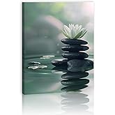 Green Lotus Flower Zen Wall Art Flowers and Stones Spa Pictures Blooming Botanical Poster Print for Bathroom Bedroom Yoga Meditation Room Framed 16"x12"