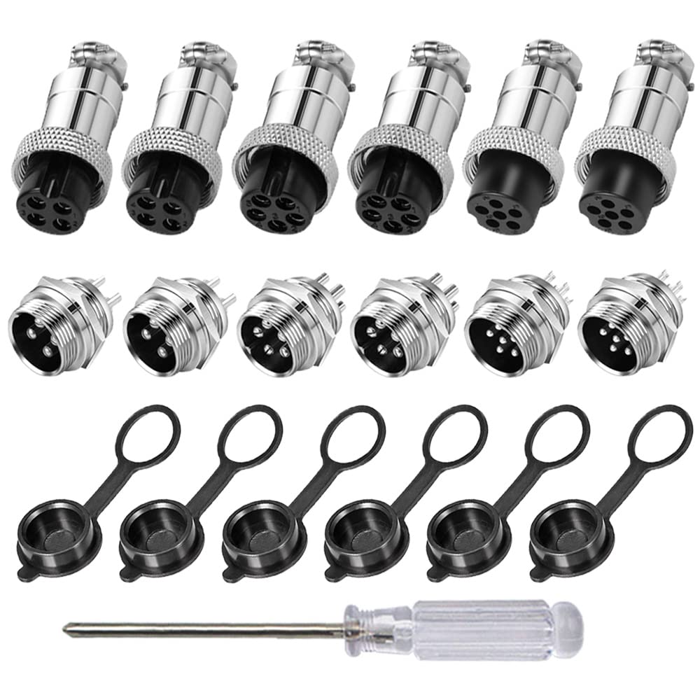 Aiqeer 6 Pcs GX16 Aviation Connector Set, 16 mm Thread Panel Metal Aviation Cable Connector, 5A Male Female Aviation Connector Plug Socket Kit, with Rubber Cap (4 Pin/5 Pin/6 Pin)