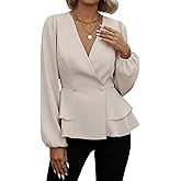 winkbay Women's Wrap V Neck Peplum Dressy Blouses Fall Puff Sleeve Button Front Elegant Business Work Tops