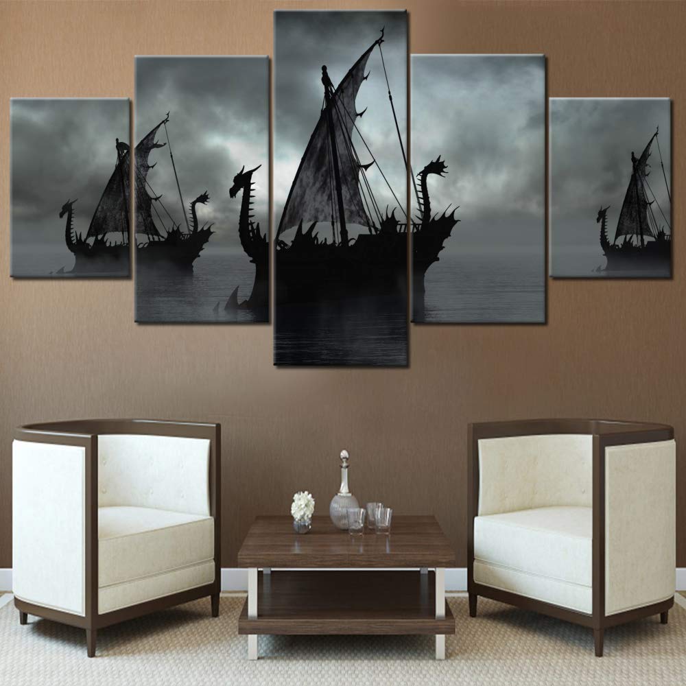 Norse Decor Black and White Painting Vikings Ship Artwork Fantasy