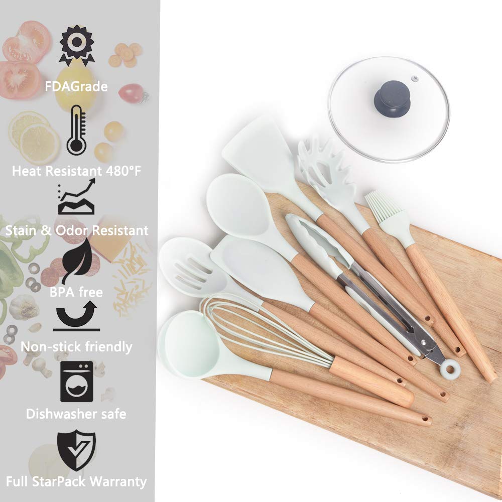 Silicone Cooking Utensils with Holder, Kitchen Utensil Set,Yostyle 9-Piece Cooking Utensils & Spatulas Set with Bamboo Wood Handles for Nonstick Cookware, Utensils Holder Included(BPA Free)