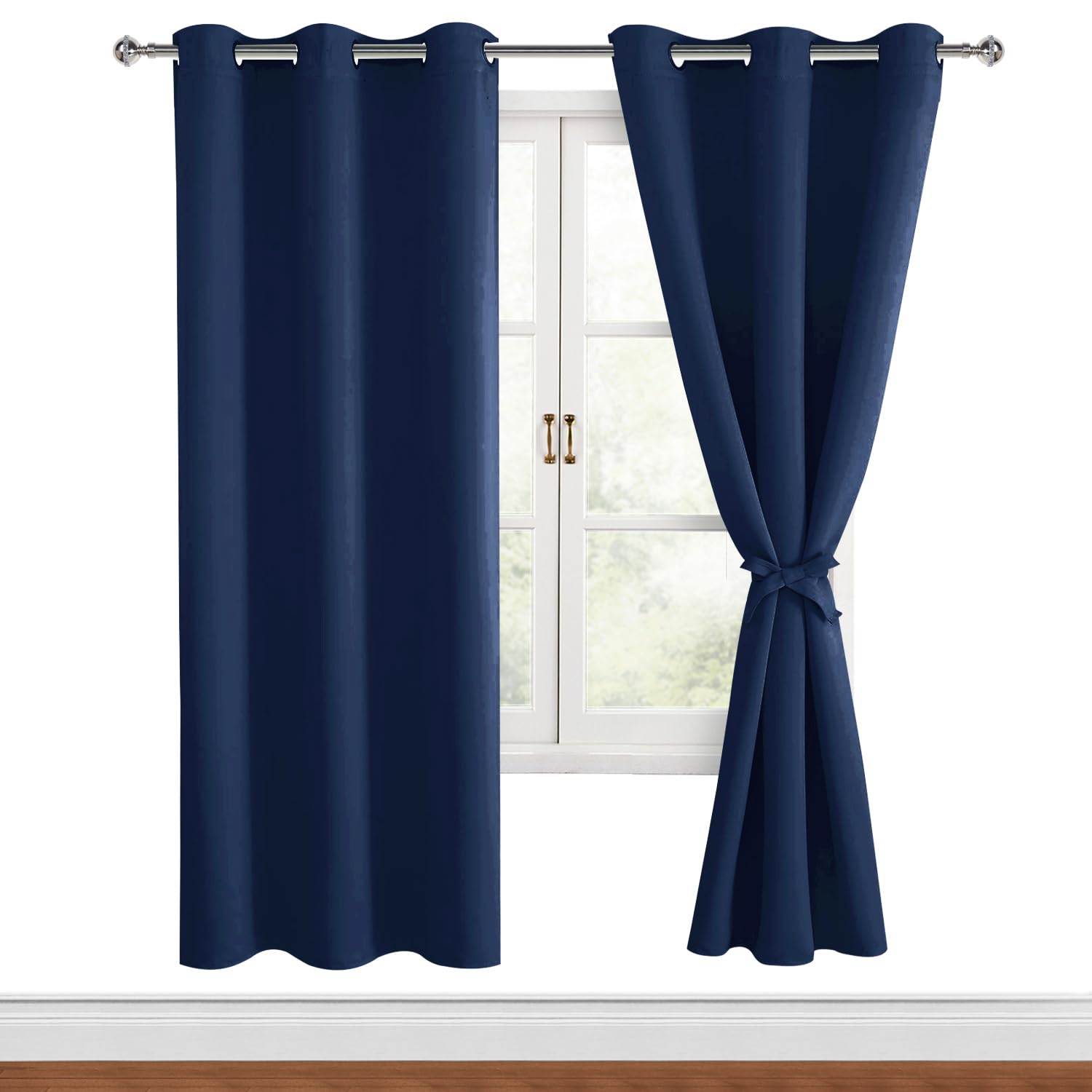 DWCN Blackout Curtains with Tiebacks for Bedroom Thermal Insulated Solid Eyelet Curtains for Living Room,Dark Blue,46" Wide x 72" Drop,2 Panels — image 1