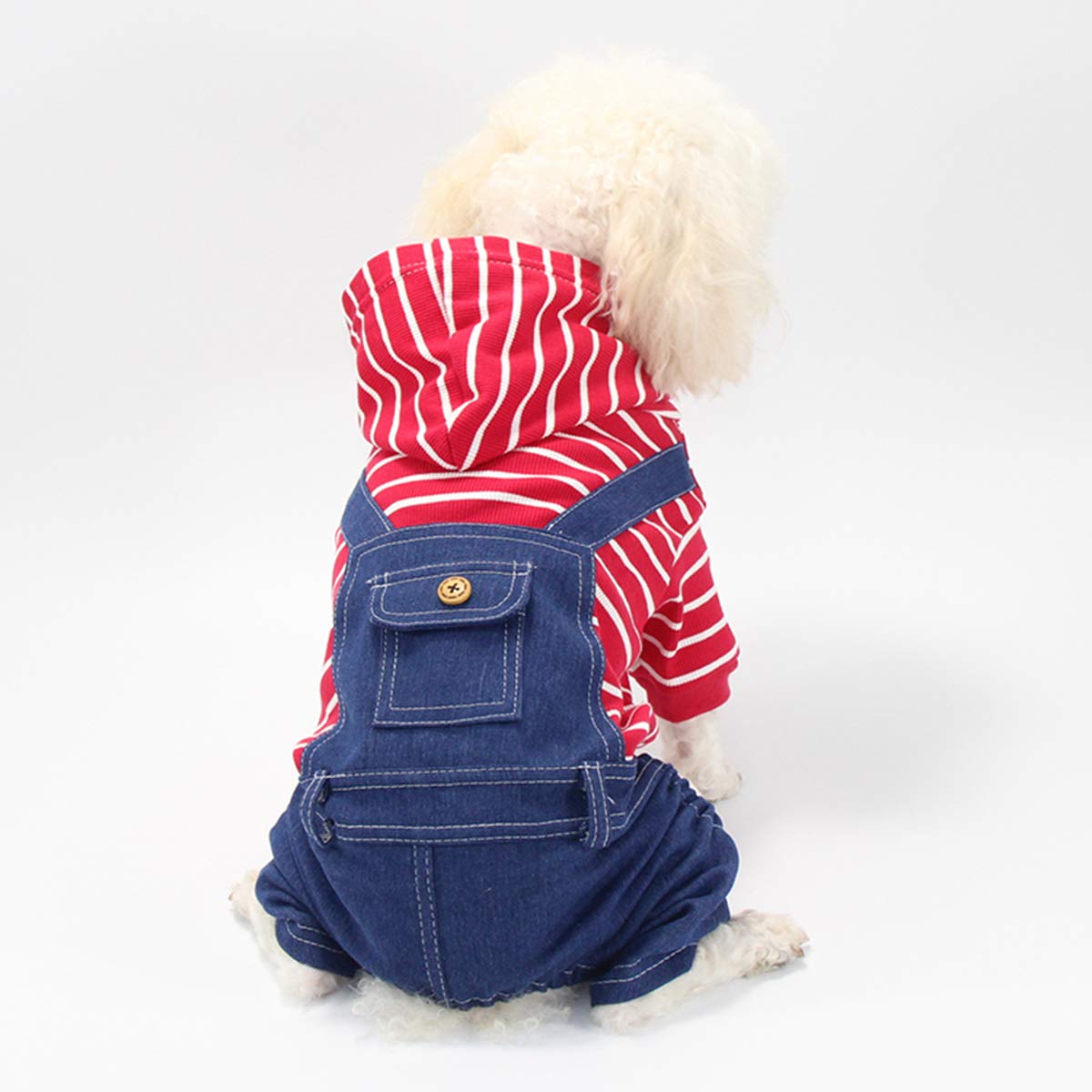 Ranvi Pet Denim Striped Dog Jumpsuit Puppy Cat Hoodie Four-legged Clothes Teddy Sweatshirt Jeans Overalls(Red,M)