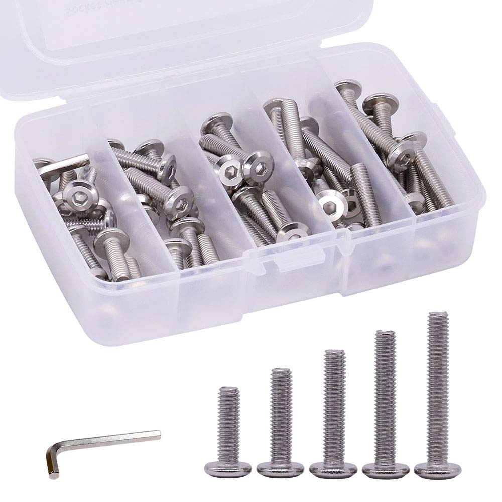 M6 x 20mm, 25mm, 30mm, 35mm, 40mm Stainless Steel Furniture Bolts Flat Socket Head Cap Screws Assortment 50 PCS, 304 Stainless Steel 18-8, Full Thread, Bright Finish