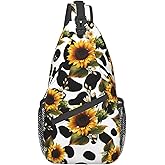 QISENTIS Sunflower Cow Print Sling Bag Crossbody Backpack Sunflower Pattern Yellow Flowers Isolated on Cute Cow Fur Texture Travel Hiking Daypack Animal Cowhide Chest Bag Shoulder Bag Unisex