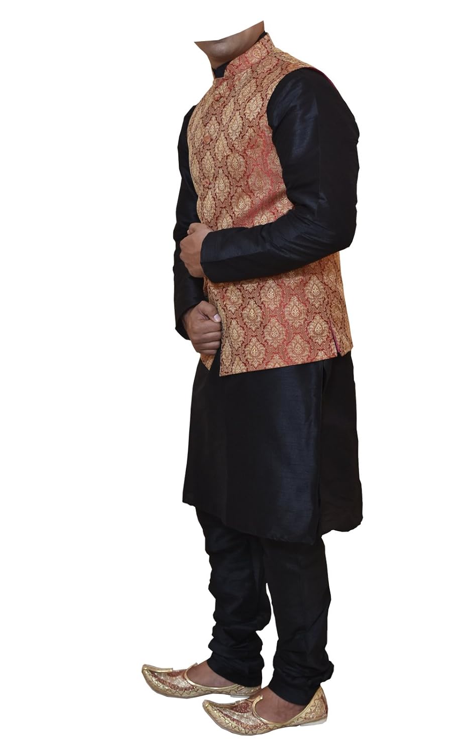 modern garments men's black dupioni silk kurta pyjama & waistcoat