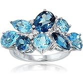 Ice Gems Sterling Silver Genuine London Blue, Swiss Blue and White Topaz Cluster Tonal Ring