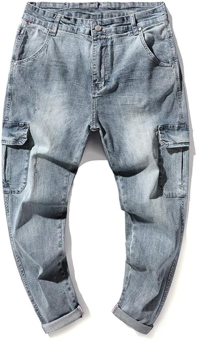 Jeans Men Cargo Pants Jeans Loose Fit Thin Stretch Light Blue Retro