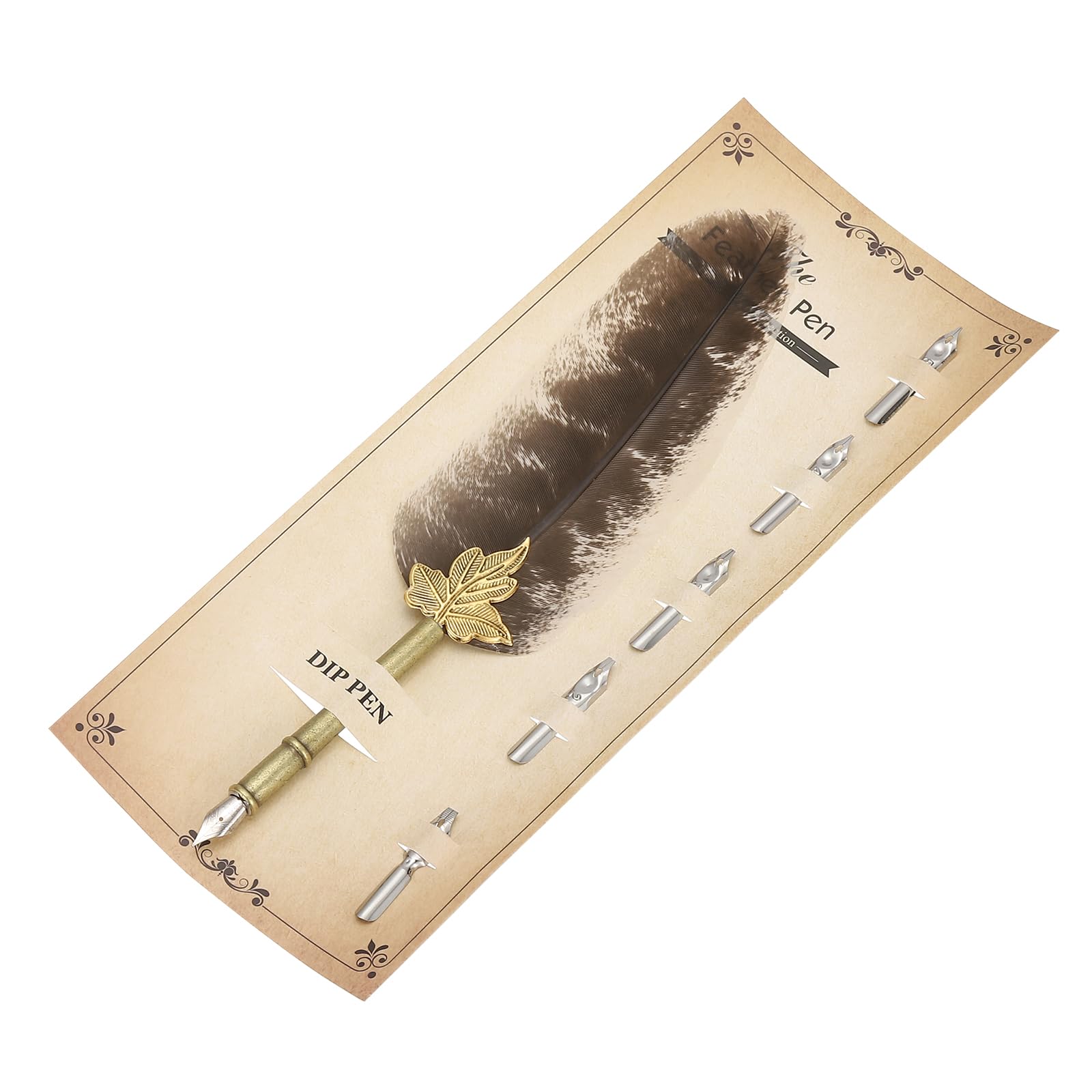 PATIKIL Feather Pen, 9.3 Inch Vintage Quill Pen Feather Dip Pen with 5 Pcs Replacement Nibs for Writing Calligraphy Wedding Signature Guest, Brown/White