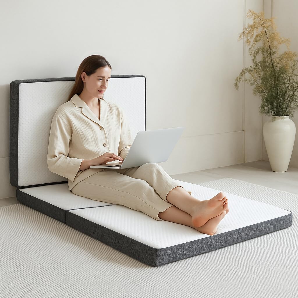 Photo 1 of HUEIFY Tri Fold Memory Foam Foldable Mattress Single, 3 inch Folding Mattress for Guest Sleep. Portable Trifold Mat with Removable Washable Cover, Floor Sleeping Mat for Adult and Kid