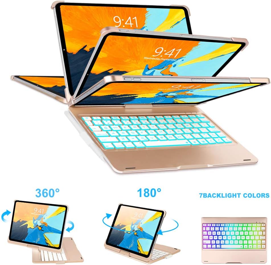 Keyboard Case Compatible iPad Pro 11 inch 2018, [Support Apple Pencil Charging] 360 Degree Rotatable F360BS Auto Sleep Wake Hard Shell Case with 7 Colors Backlit Keyboard -Gold