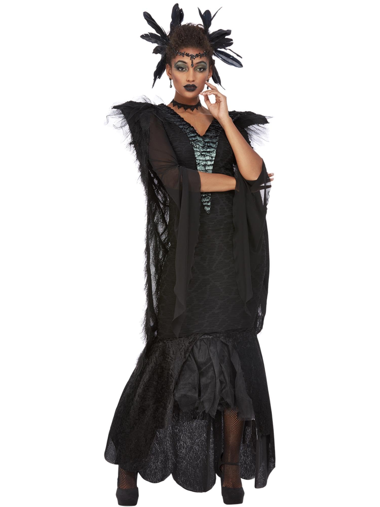 Smiffys Deluxe Raven Queen Costume, Black Dress, Cape & Headdress, Halloween Adult Fancy Dress, Animal Dress Up Costumes