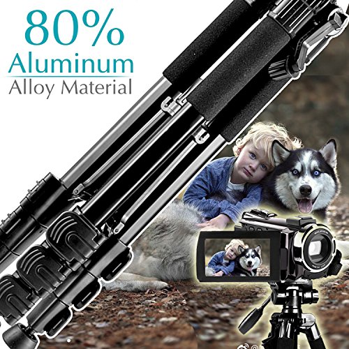 Camera Tripod,57''DSLR Aluminum Camera Tripod for Canon, Nikon, Sony, Samsung, Olympus, Panasonic & Pentax + eCost Microfiber,With 1/4" 3 Way PanHead,2 Bubble Level,57",Load up to 8.8lb, Carry Bag